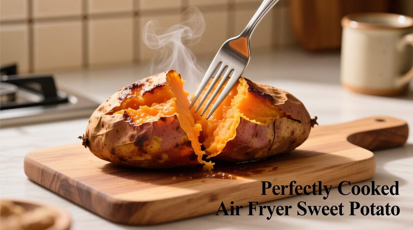 Perfectly cooked air fryer sweet potato with fork