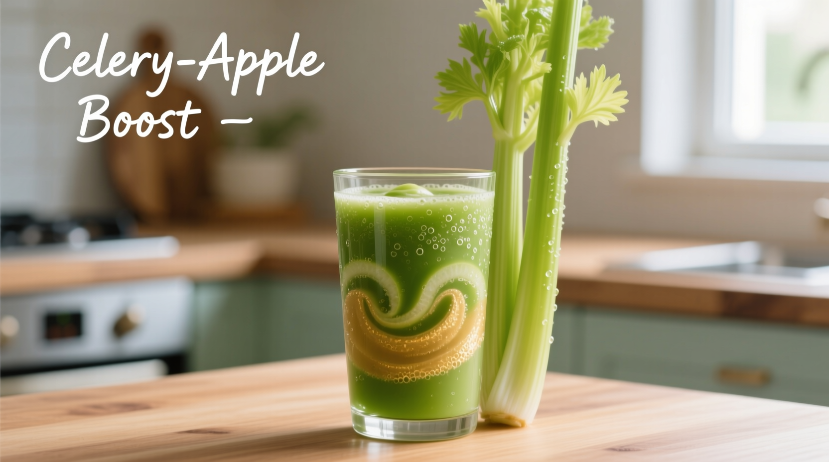 Celery-apple smoothie in glass with celery stalk