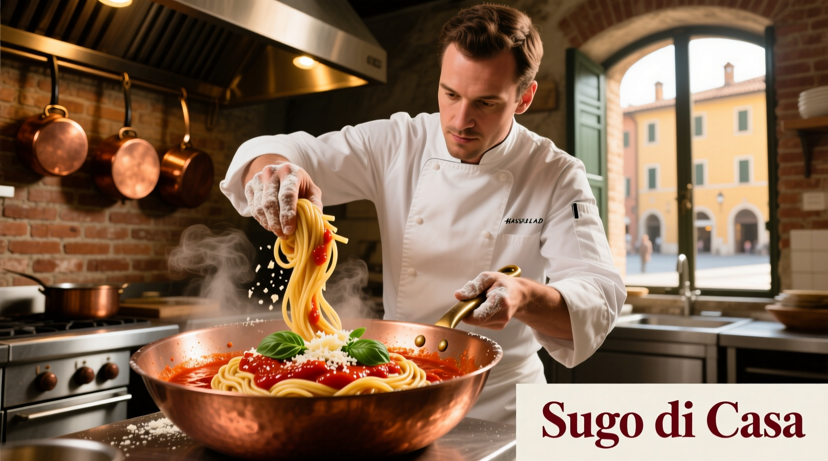 Chef finishing pasta in tomato sauce