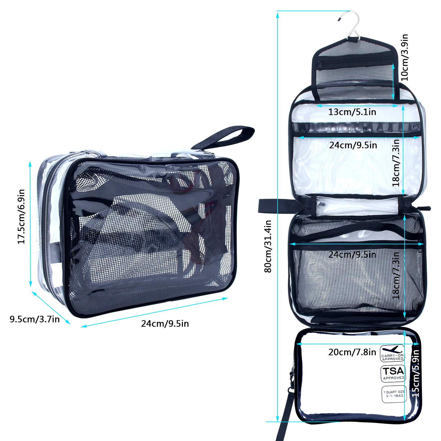 Borsa da toilette da appendere, borsa da toilette da viaggio trasparente con piccola borsa trasparente rimovibile approvata dalla TSA Compagnia aerea 3-1-1 Carry On Conforme Ba