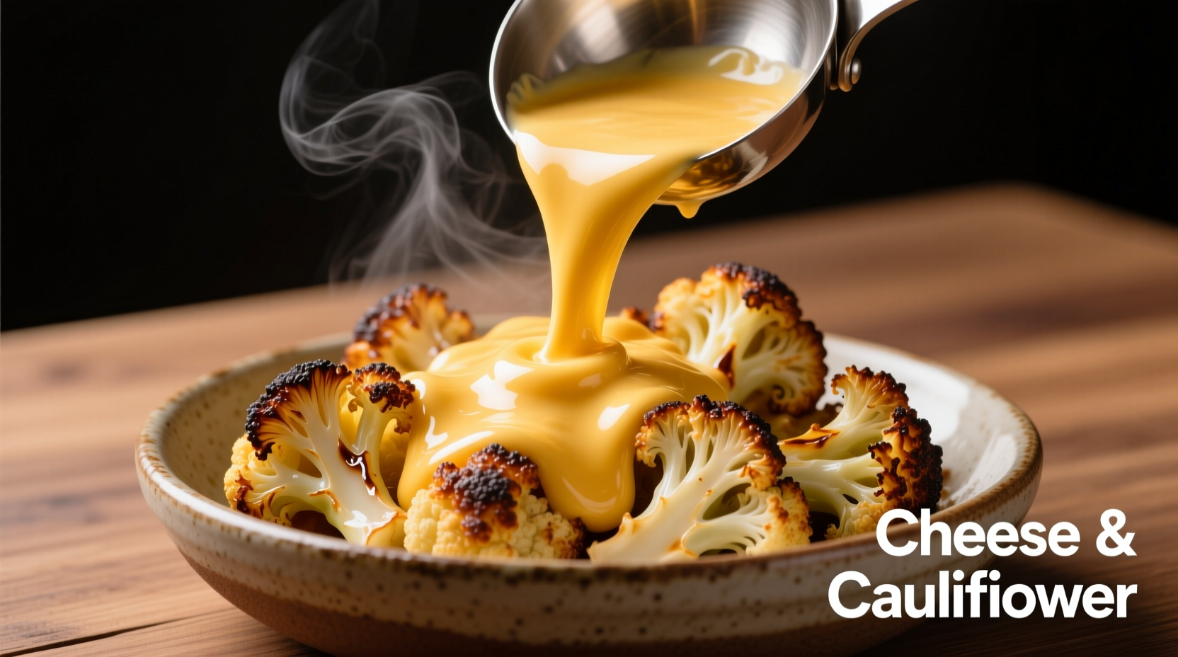 Cheese sauce being poured over roasted cauliflower