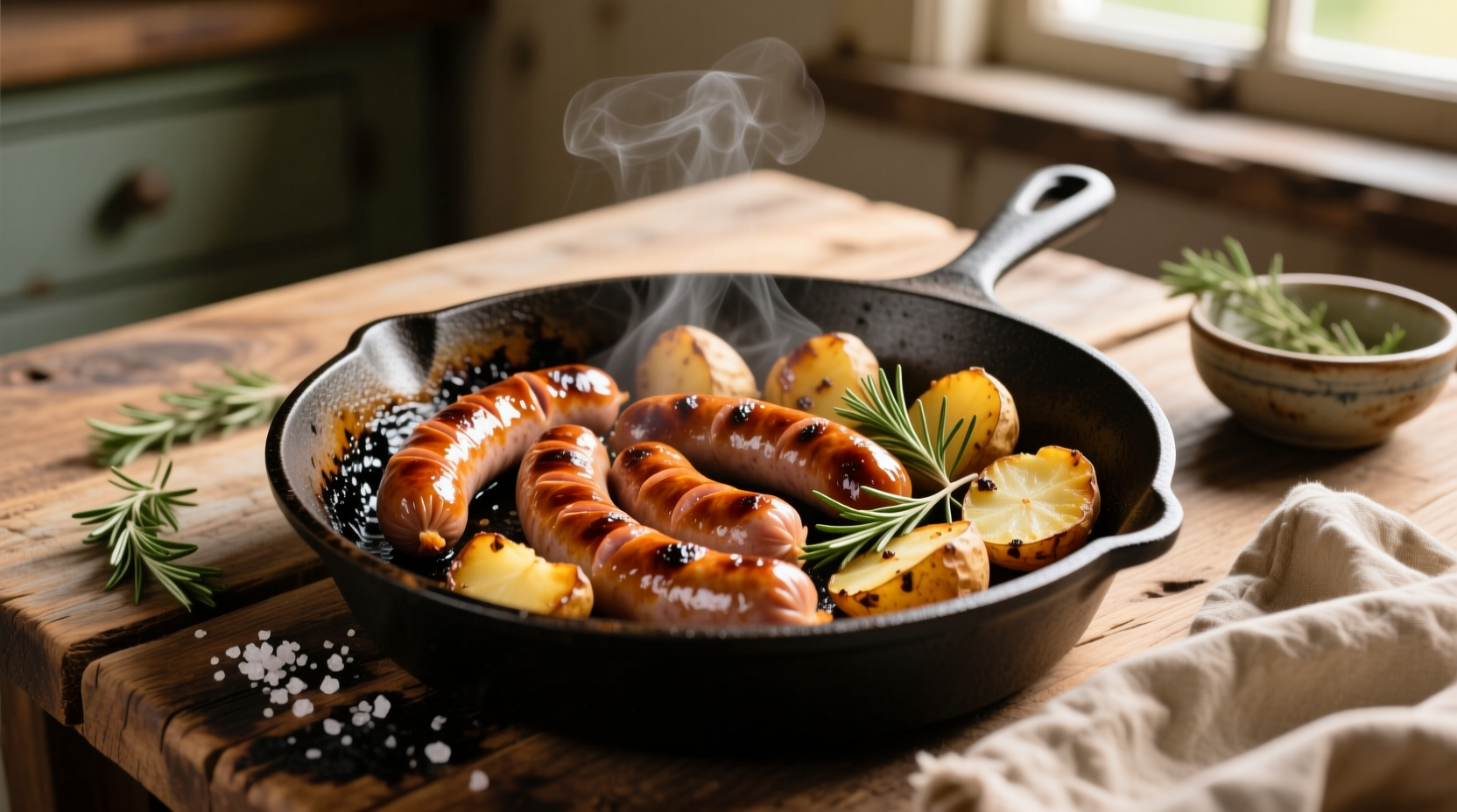 Smoked sausage and potatoes in cast iron skillet