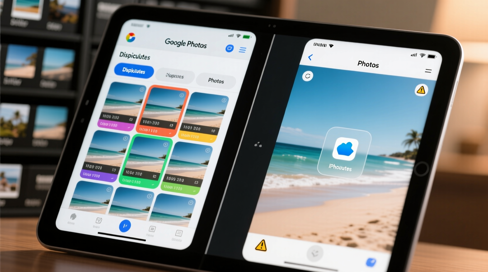 Side-by-side comparison showing Google Photos' 'Duplicates' tab highlighting grouped near-identical images versus iCloud Photos app with no duplicate management options visible