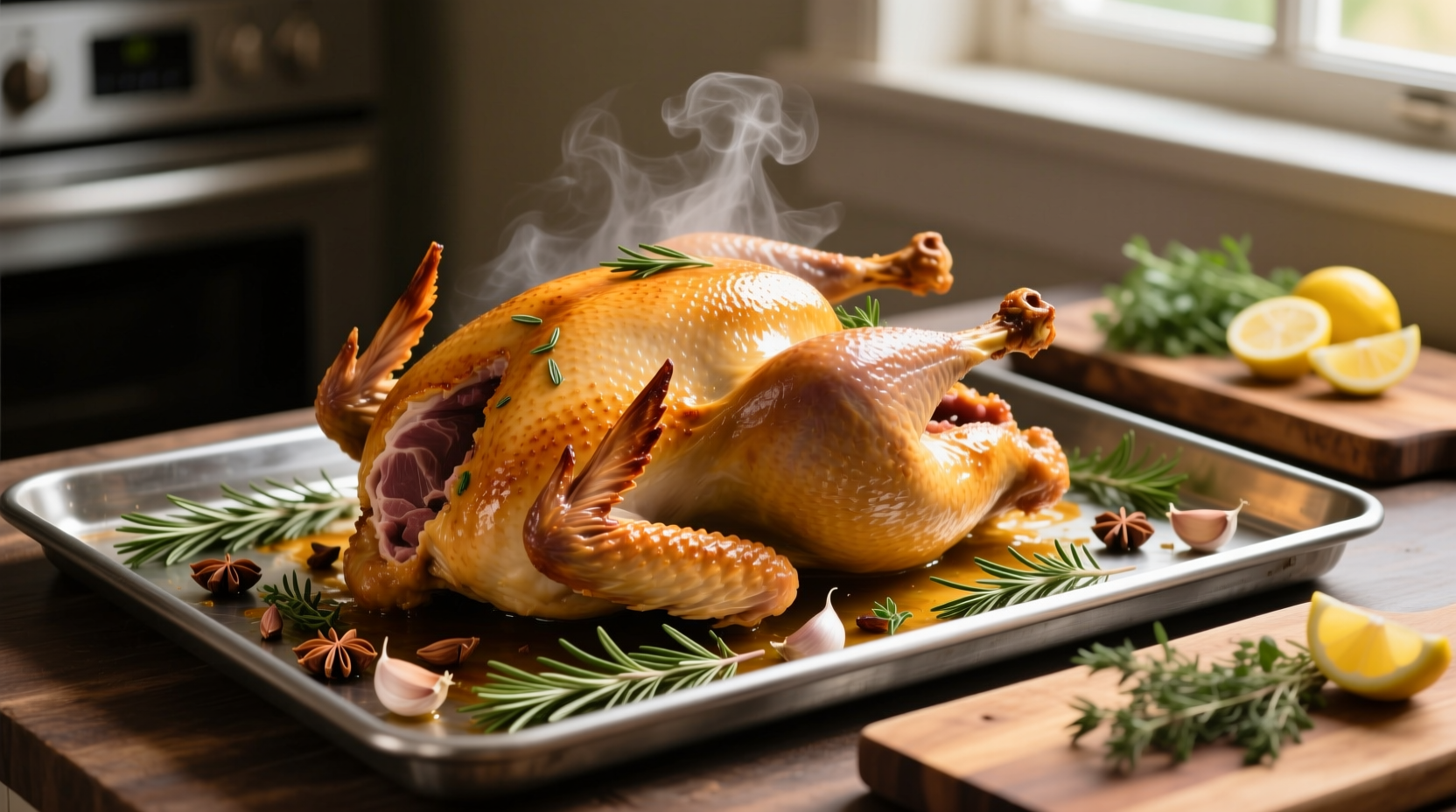 Spatchcocked turkey roasting on baking sheet with herbs