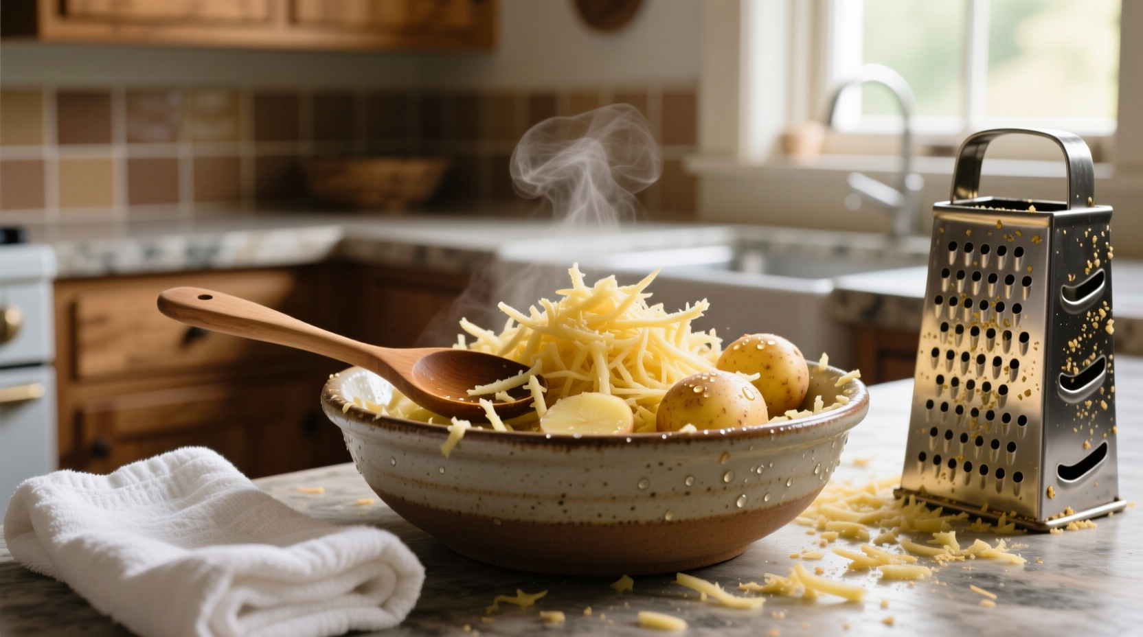 Freshly shredded potatoes in a bowl with kitchen tools