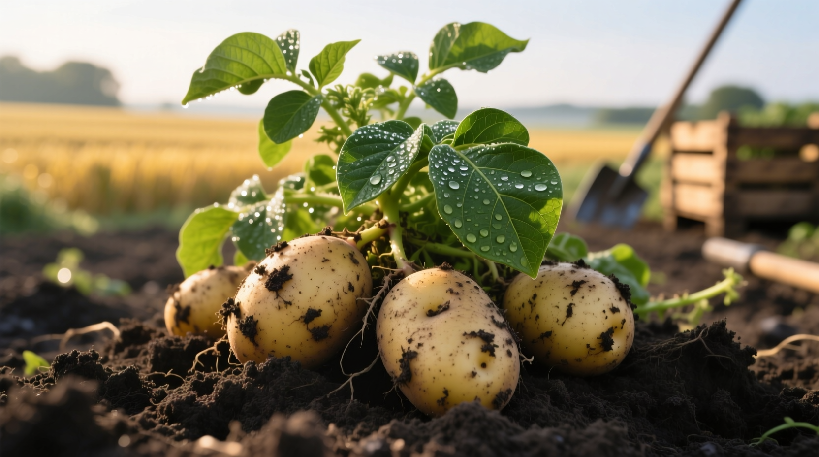 Freshly harvested potatoes in soil with green leaves
