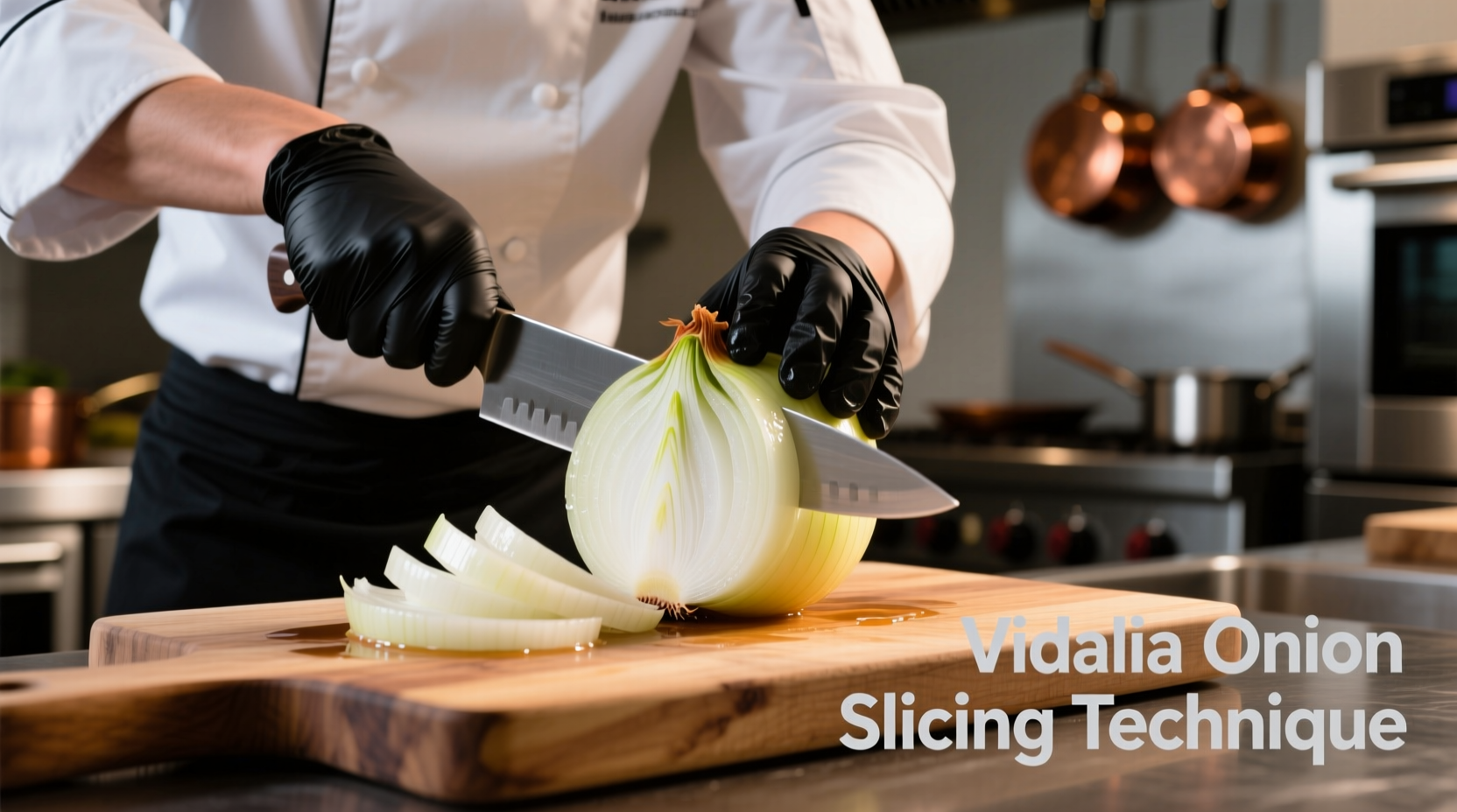 Chef slicing a large Vidalia onion on wooden cutting board