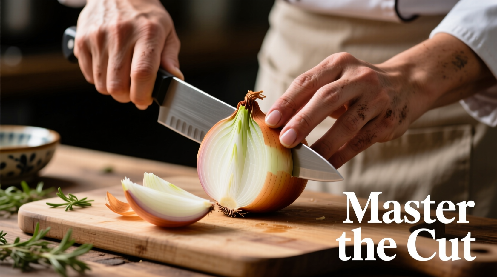 Chef's hand demonstrating proper onion quartering technique