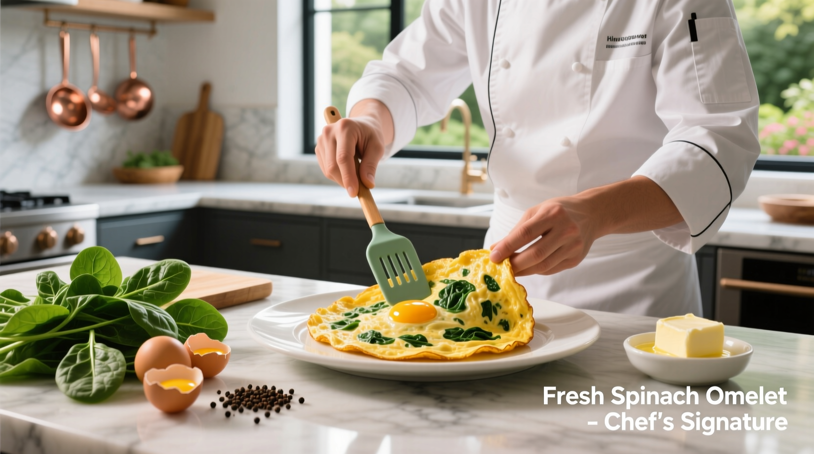 Chef preparing spinach omelet with fresh ingredients