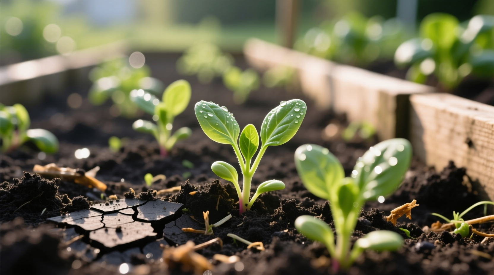 Spinach seedlings emerging from soil in garden bed