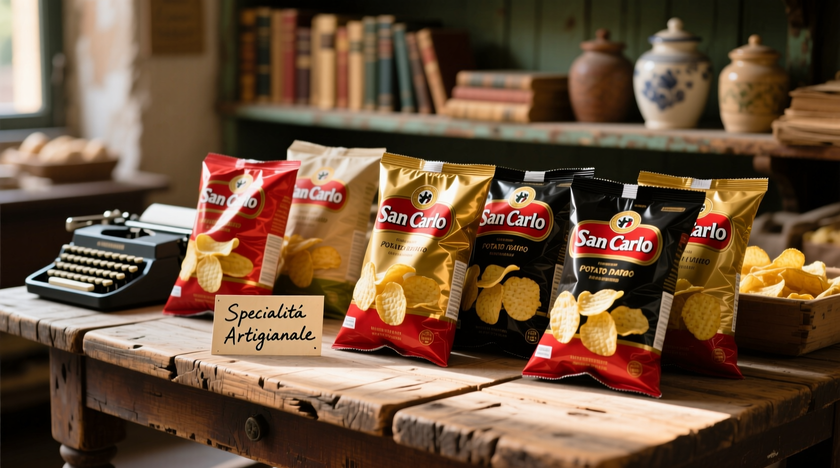 San Carlo potato chips varieties displayed on wooden table