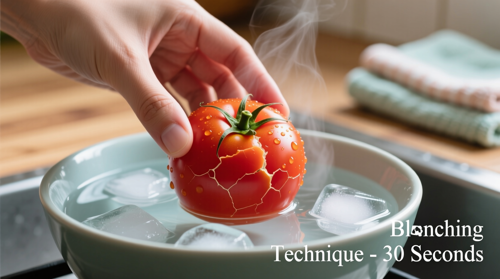 Hand demonstrating tomato blanching technique in ice water