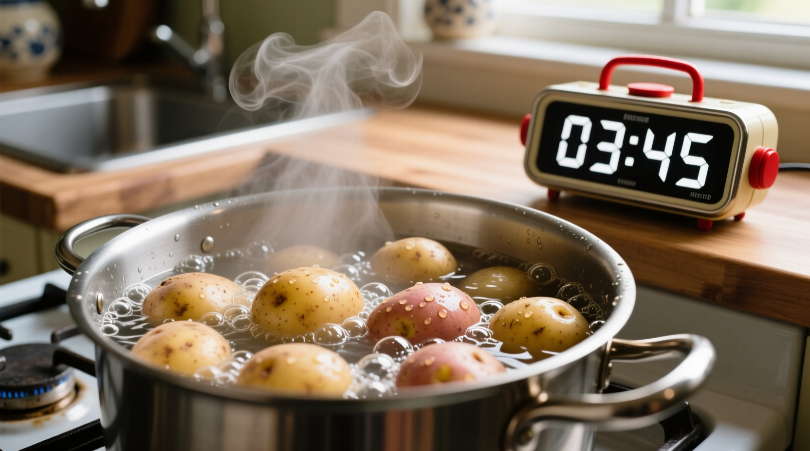 Potatoes blanching in boiling water with timer