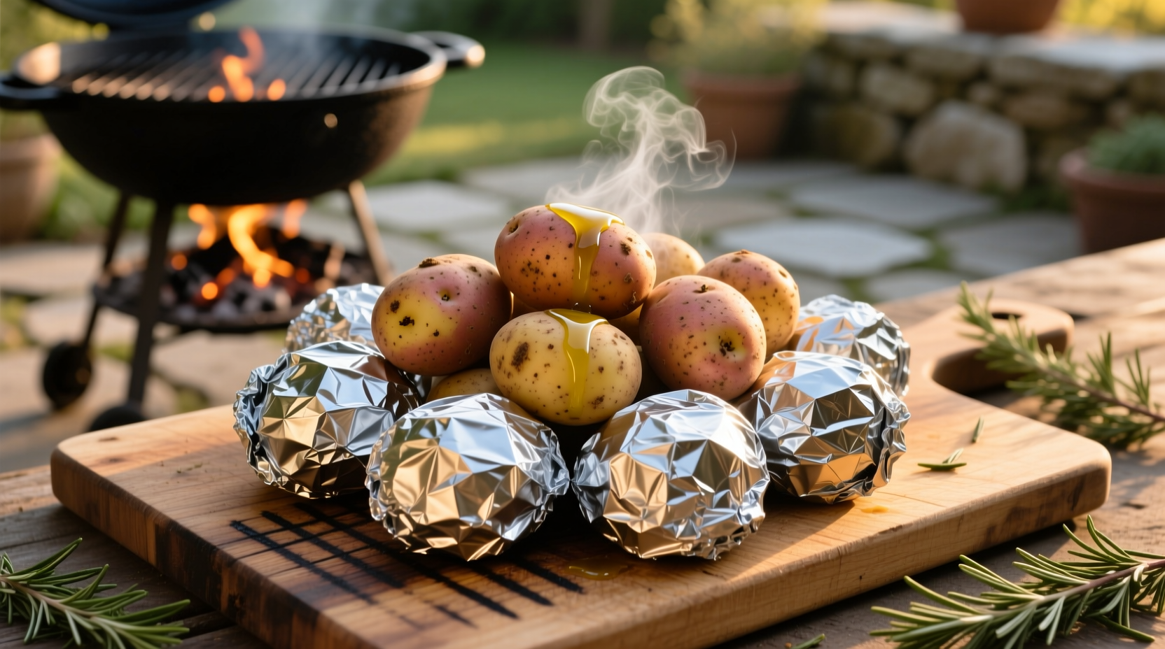Russet potatoes wrapped in foil ready for grilling