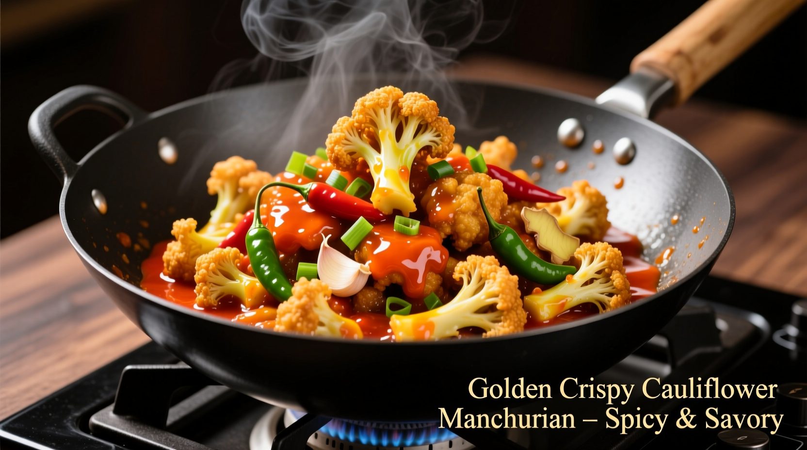 Golden crispy cauliflower Manchurian in wok with vibrant sauce