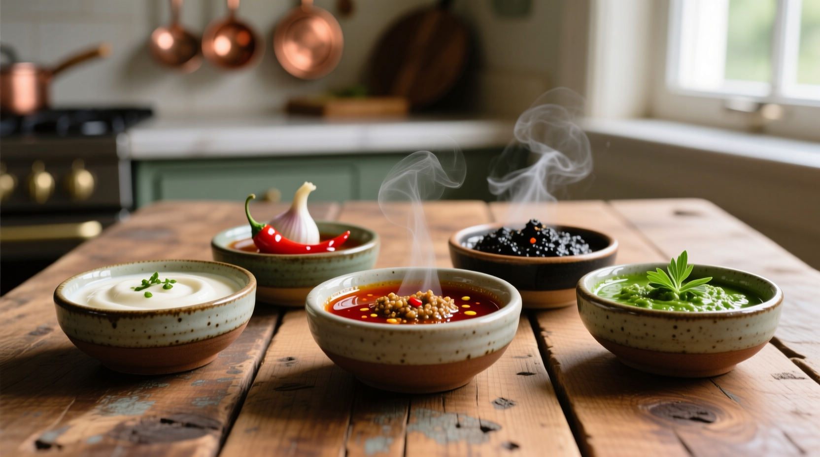 Five small bowls of different garlic sauce variations on wooden table