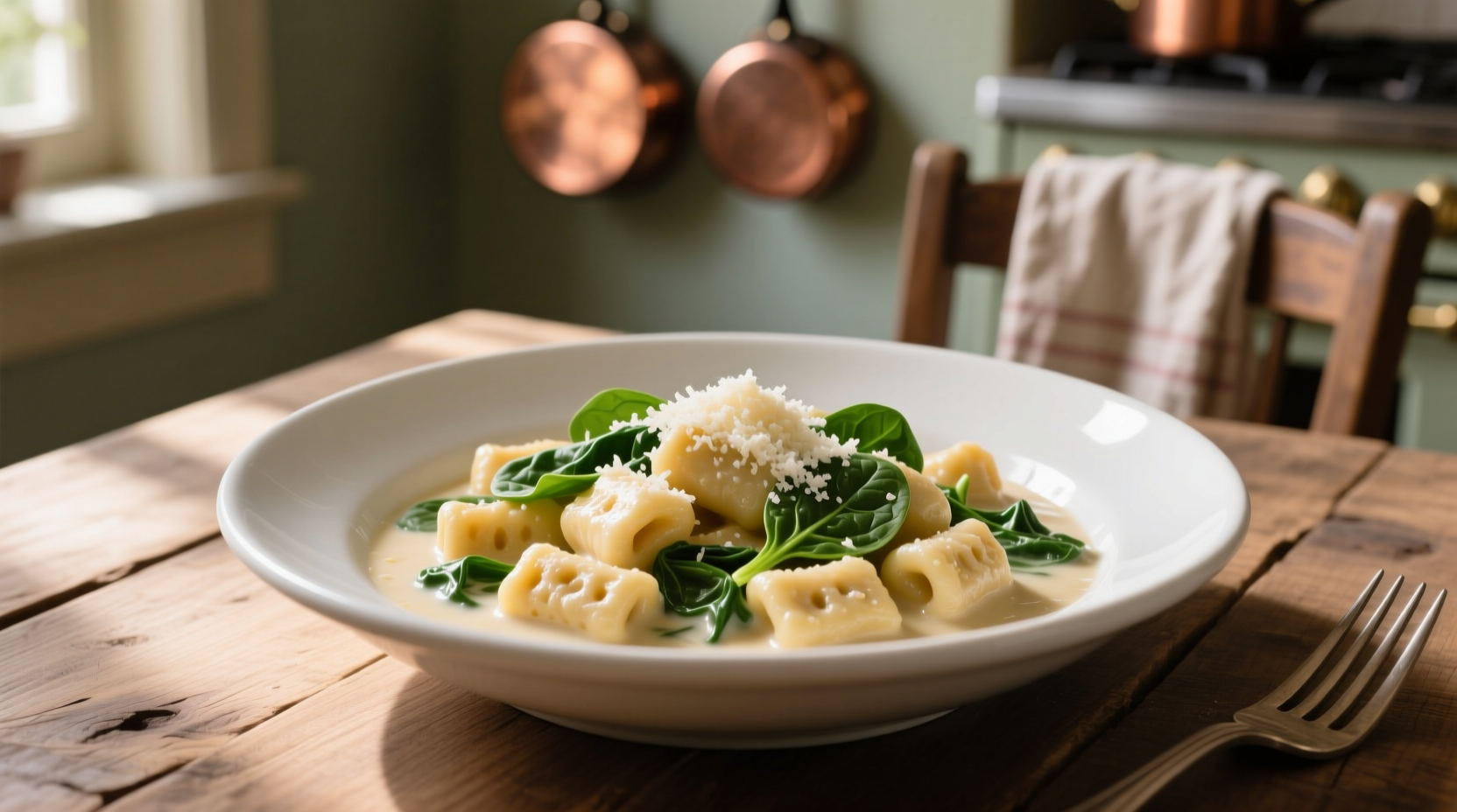 Creamy gnocchi and spinach in white ceramic bowl