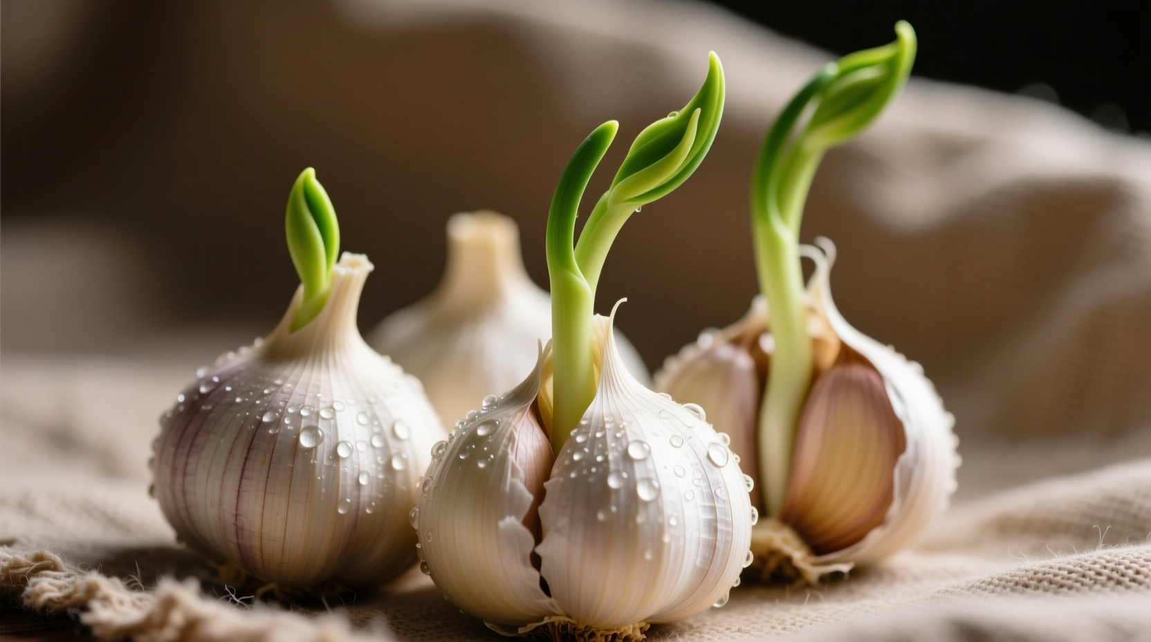 Fresh garlic cloves with green sprouts