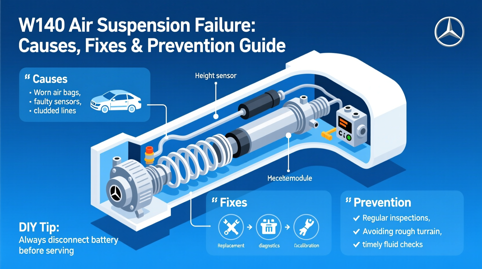W140 air suspension failure caused by damaged components