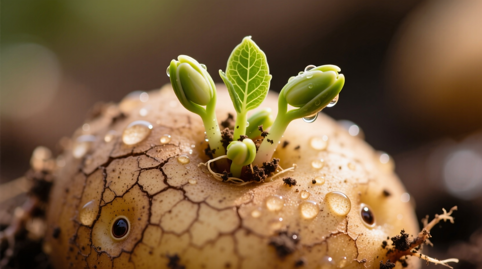 Close-up view of potato eyes showing sprouting buds