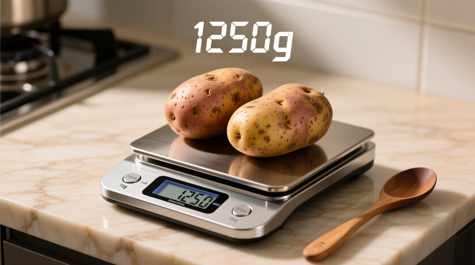 Russet potatoes on kitchen scale showing weight measurement