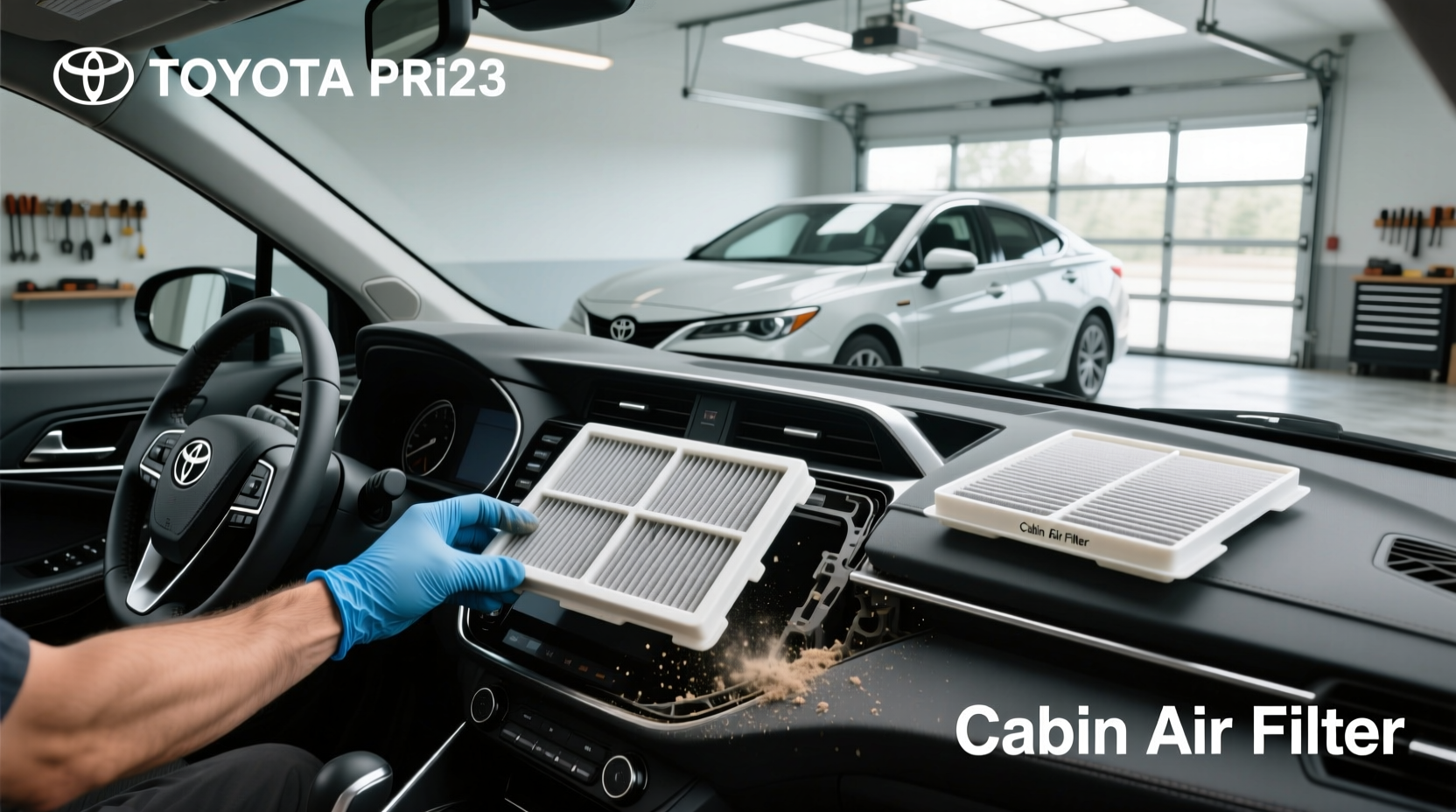 Cabin air filter removed from a Toyota Prius showing visible debris buildup