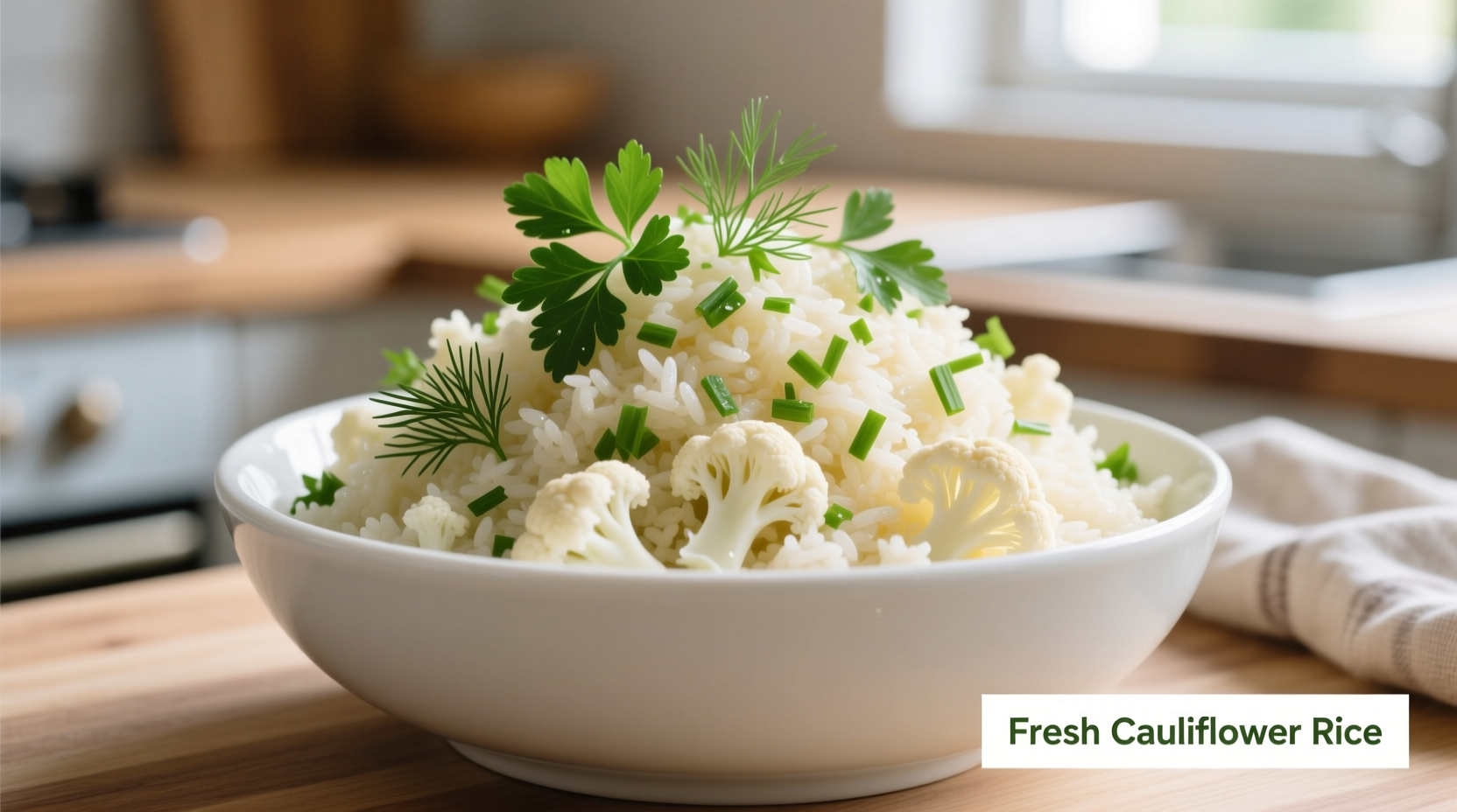 Fresh cauliflower rice in white bowl with herbs