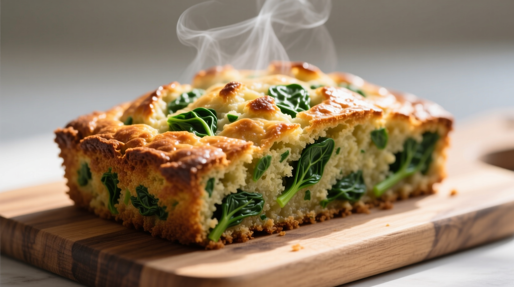 Fresh spinach cake with golden crust and visible spinach flecks