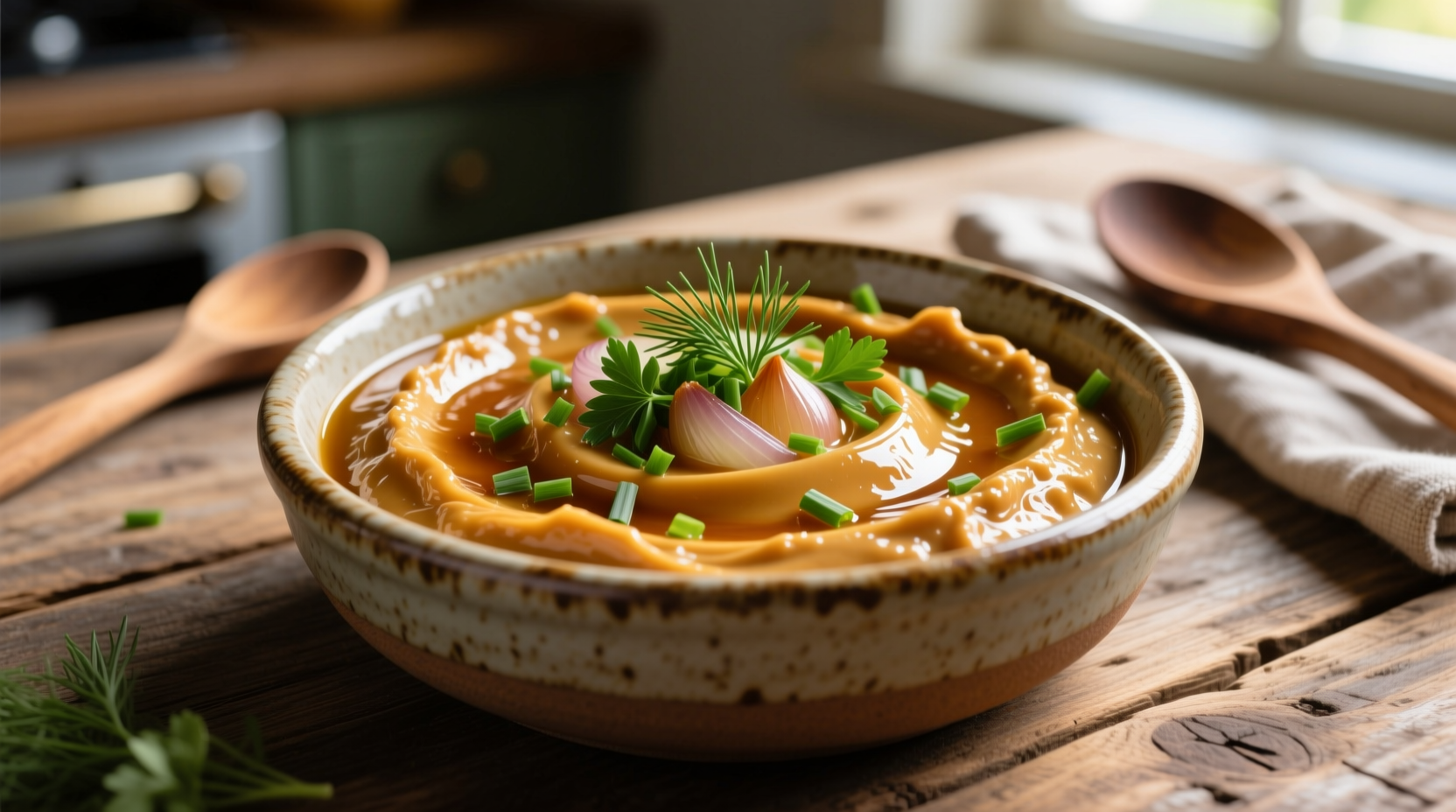 Golden caramelized onion dip in ceramic bowl with fresh herbs