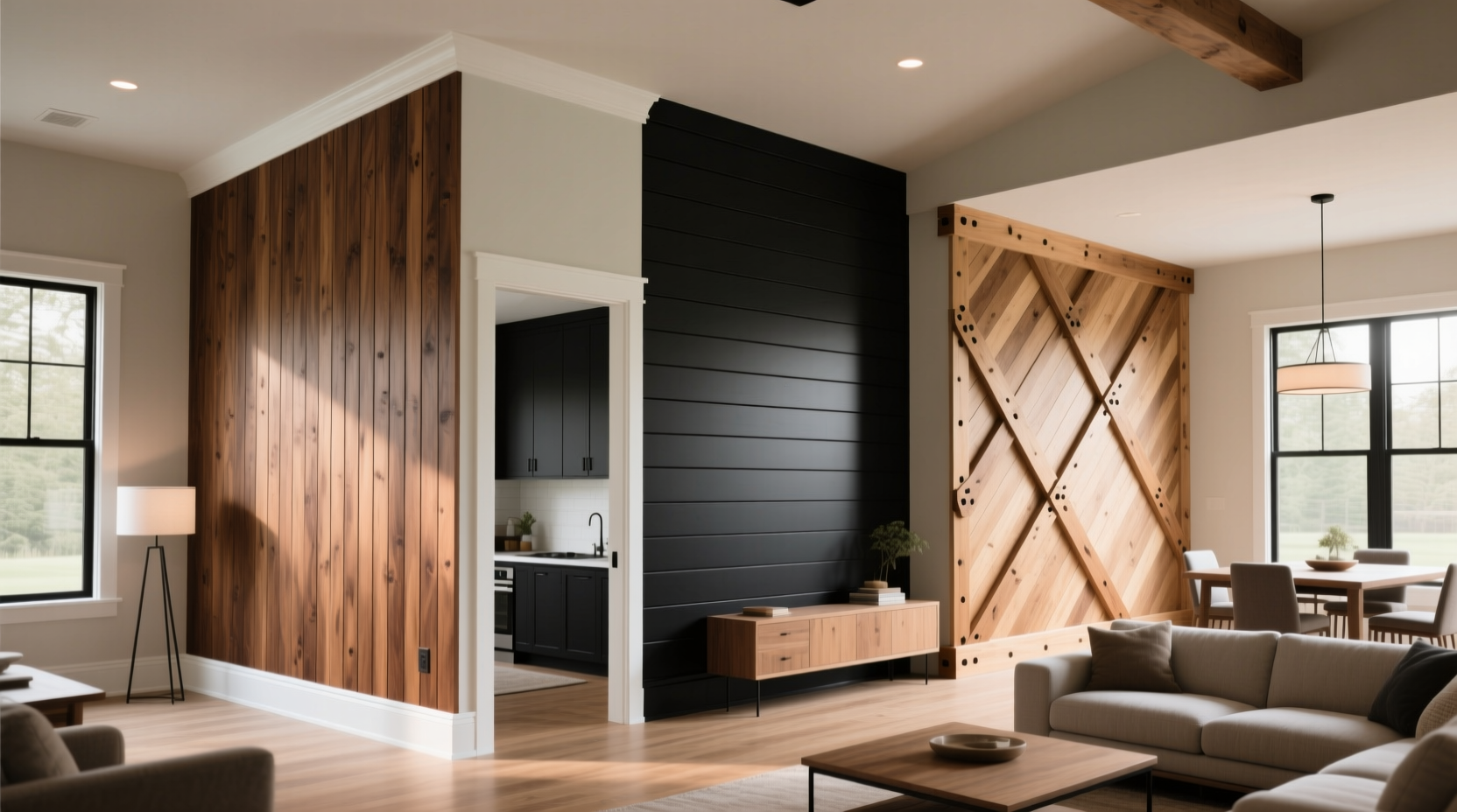 Three different board and batten wall styles in one home