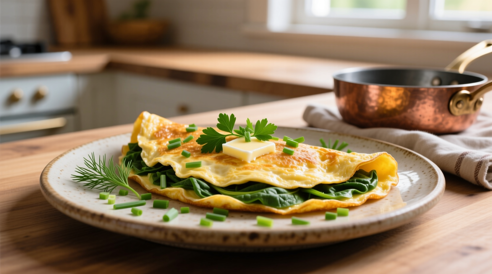 Perfect golden spinach omelet with fresh herbs