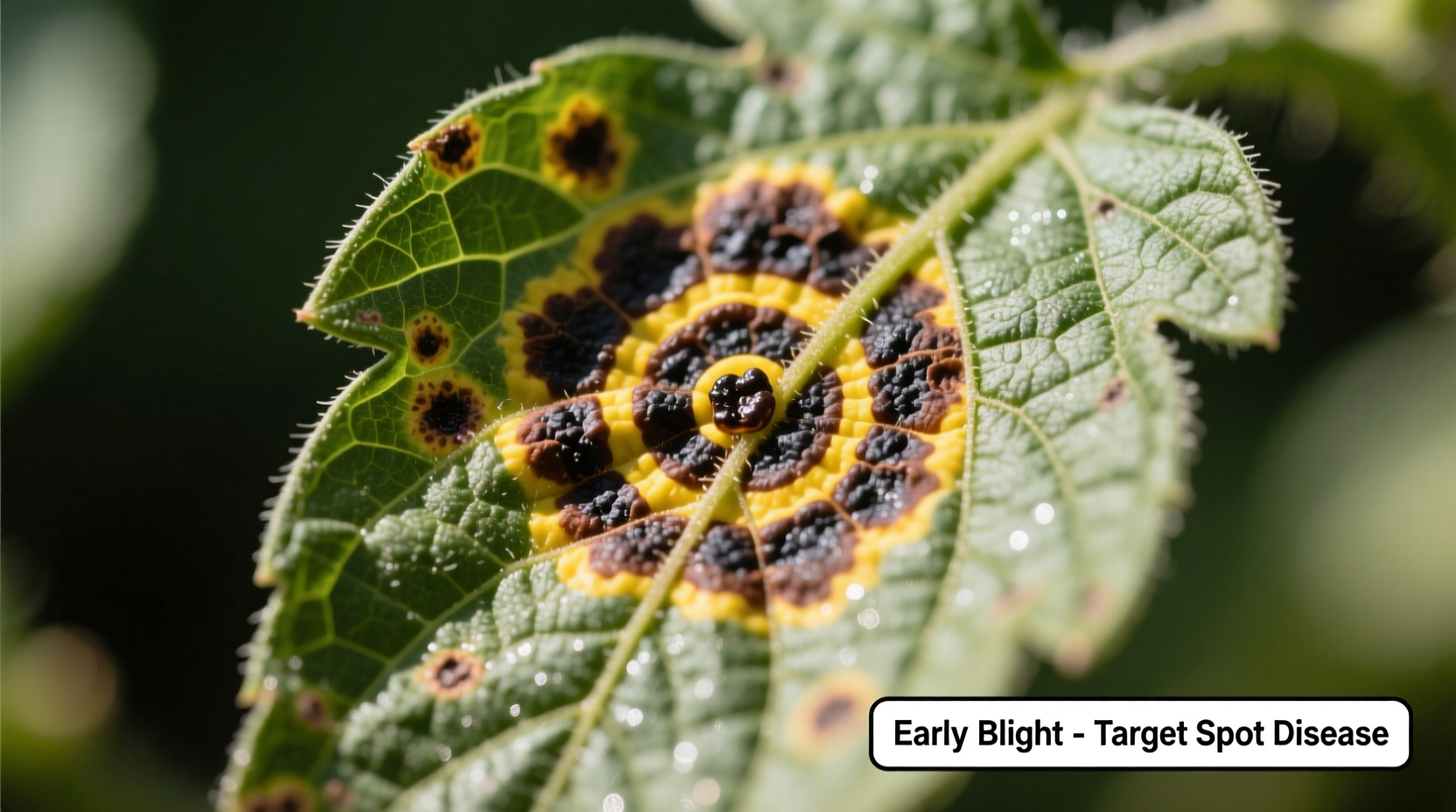 Close-up of tomato leaf with early blight spots showing concentric rings