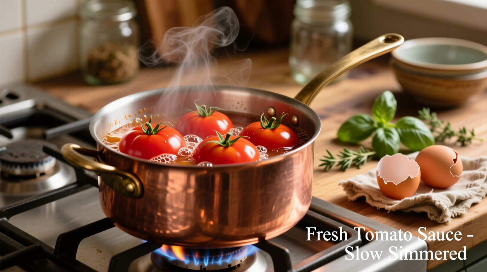 Fresh tomatoes simmering in a copper pot for sauce