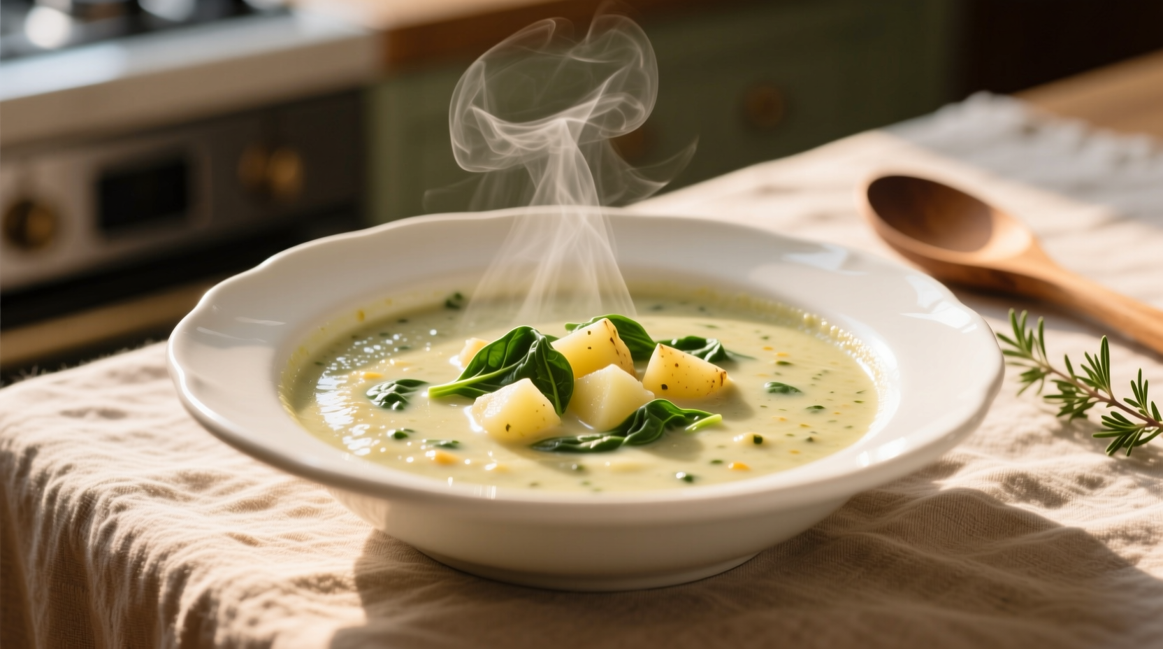 Creamy spinach potato soup in white bowl