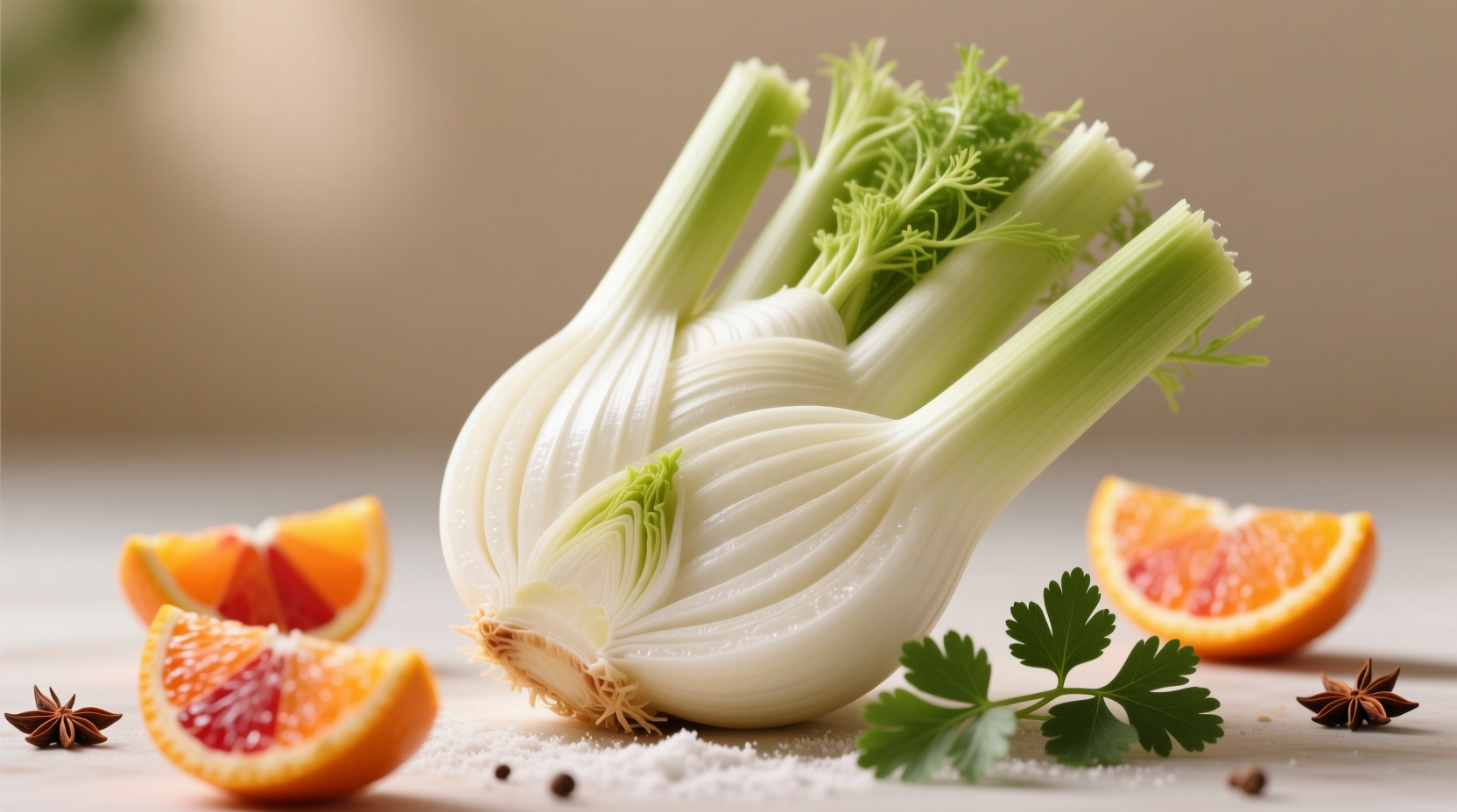 Shaved raw fennel bulb salad with blood orange segments and coriander