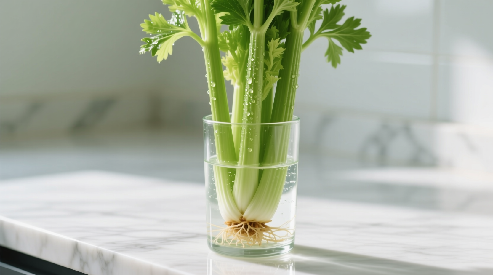 Celery stored upright in water-filled container