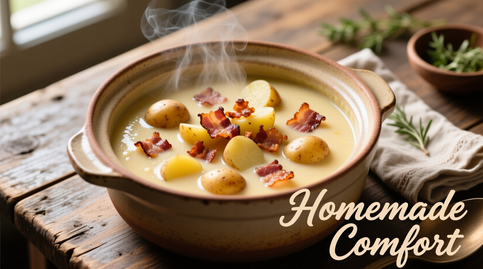 Creamy crock pot potato soup with bacon garnish