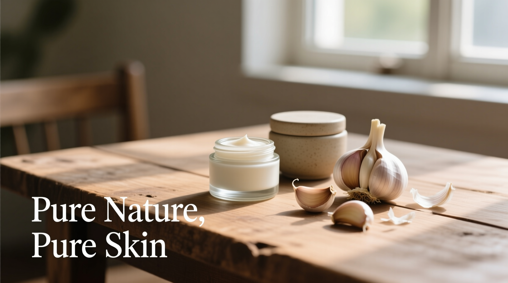 Organic skincare products next to fresh garlic cloves