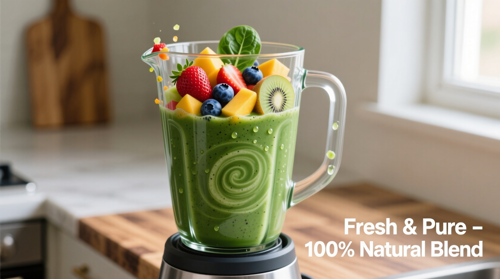 Fresh spinach and mixed fruits in blender