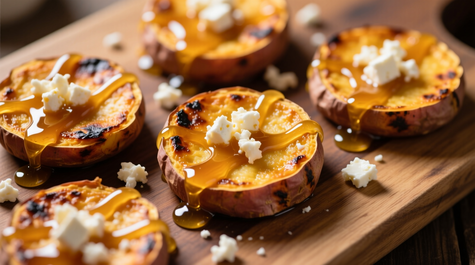 Golden roasted sweet potato rounds with honey drizzle and feta