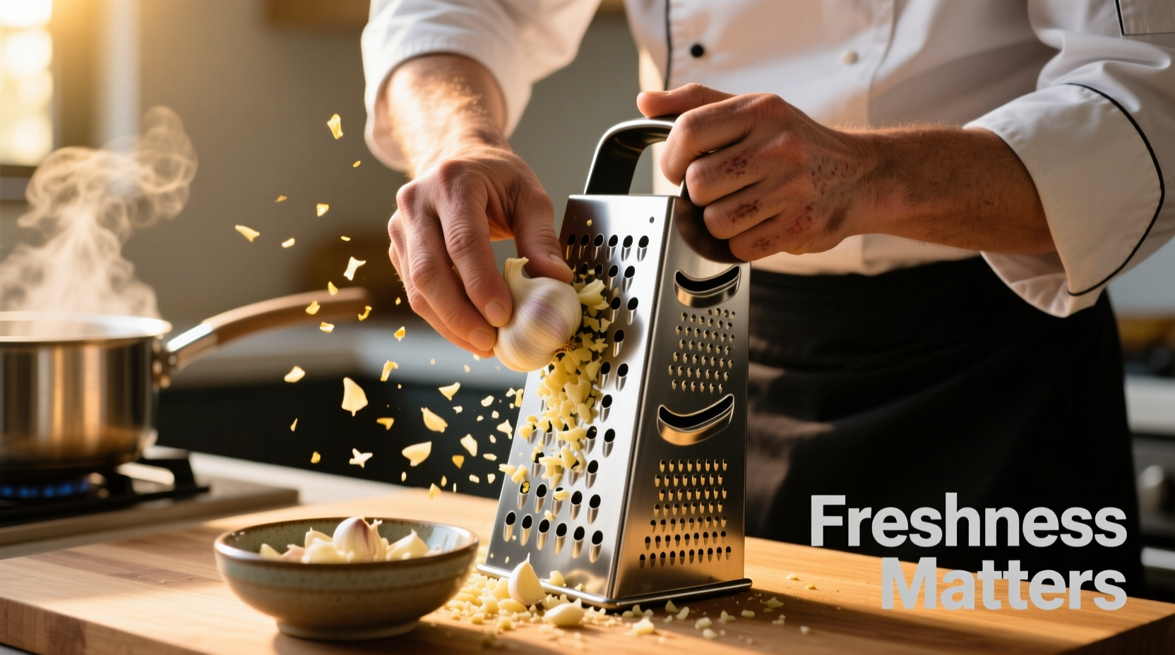 Chef grating fresh garlic on stainless steel microplane