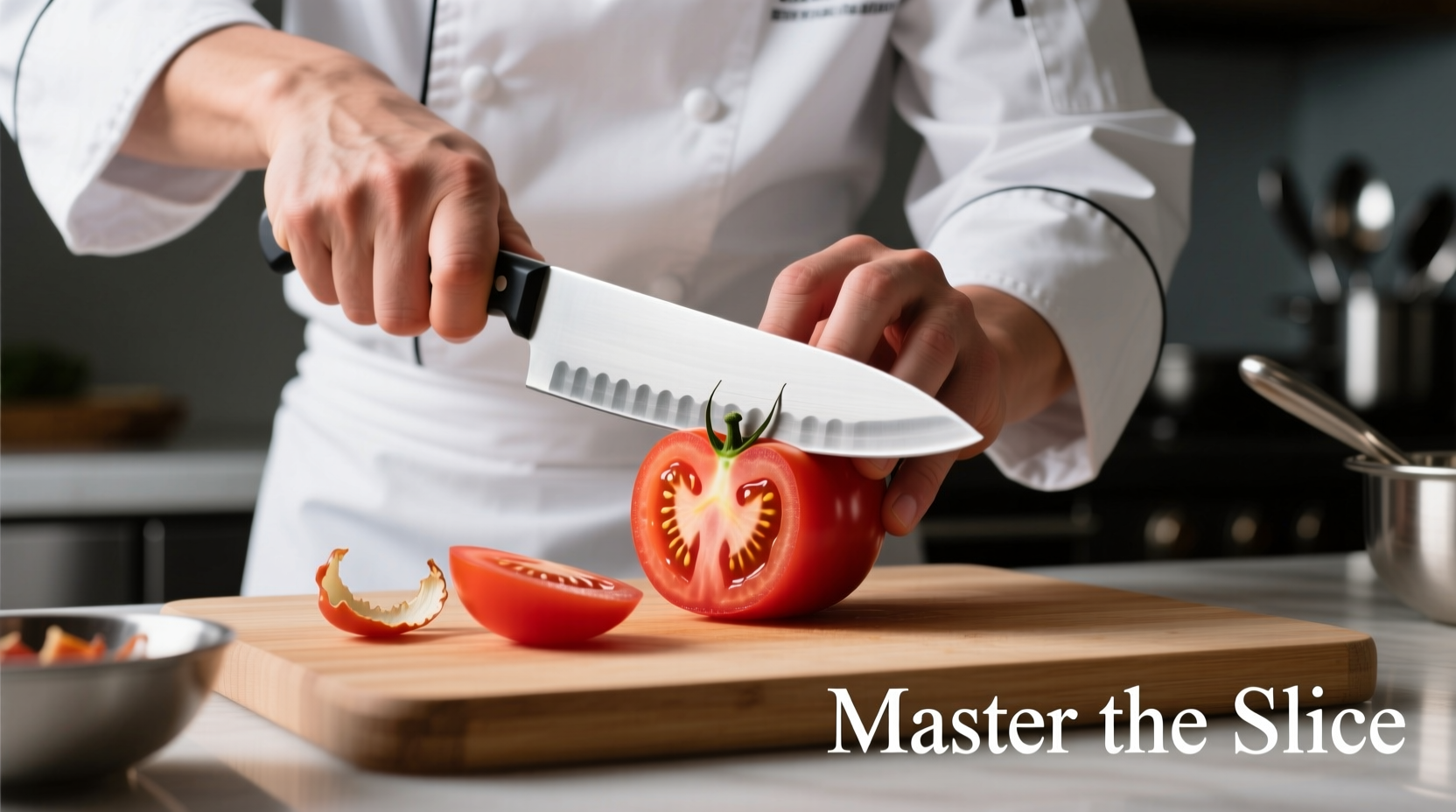 Chef demonstrating proper tomato slicing technique with sharp knife