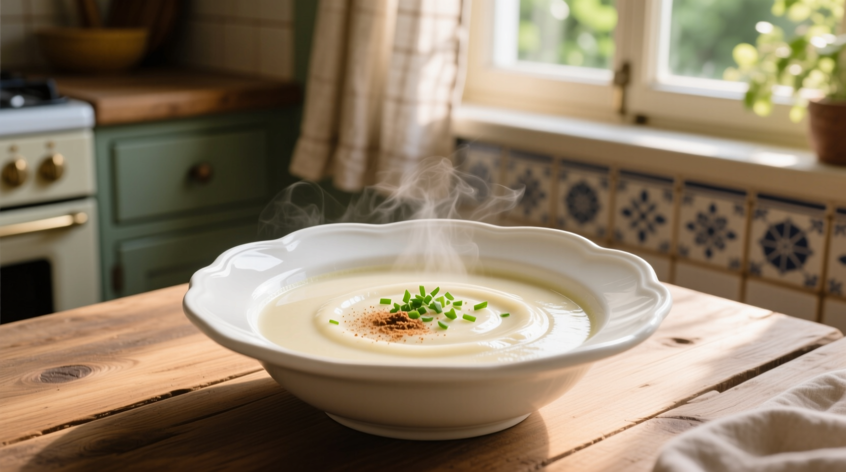 Creamy cauliflower bisque in white bowl