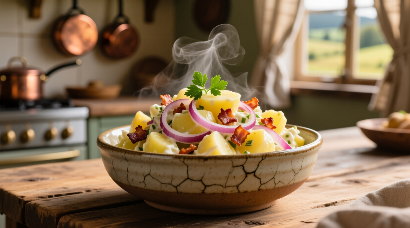 Traditional German potato salad served warm in ceramic bowl