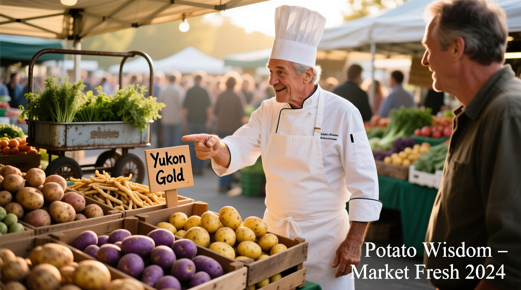 Chef discussing potato varieties at market