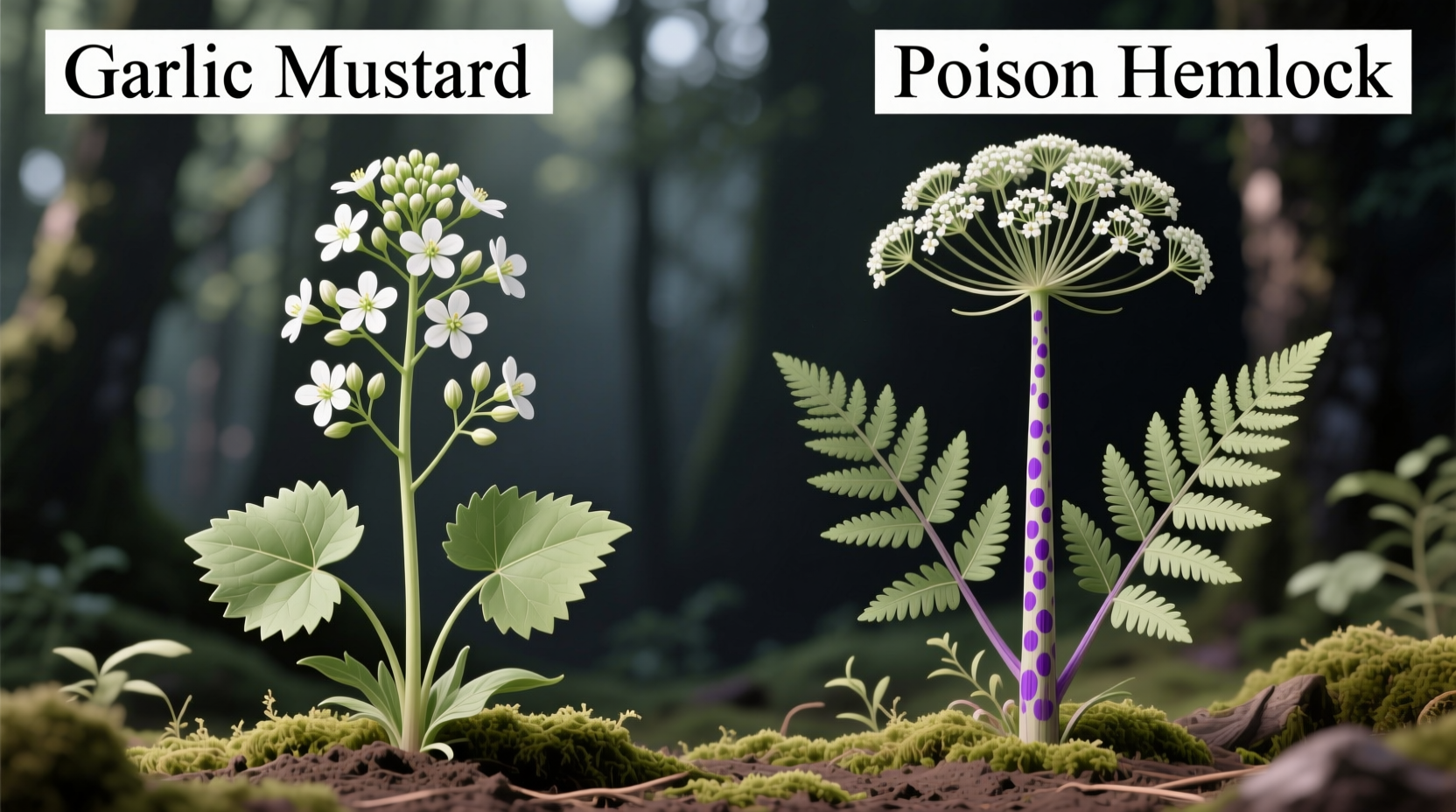 Side-by-side comparison of garlic mustard and poison hemlock