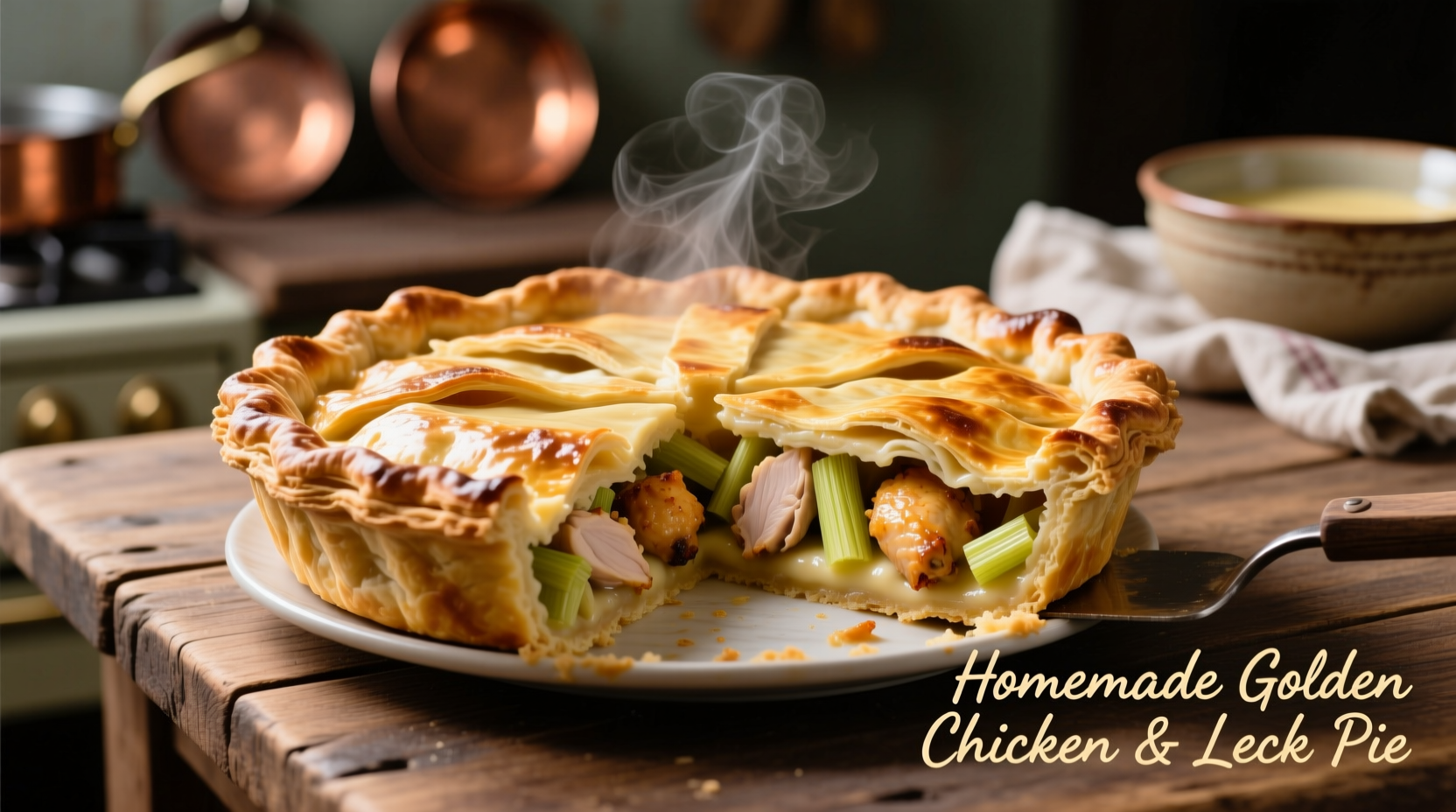 Golden chicken and leek pie with flaky crust