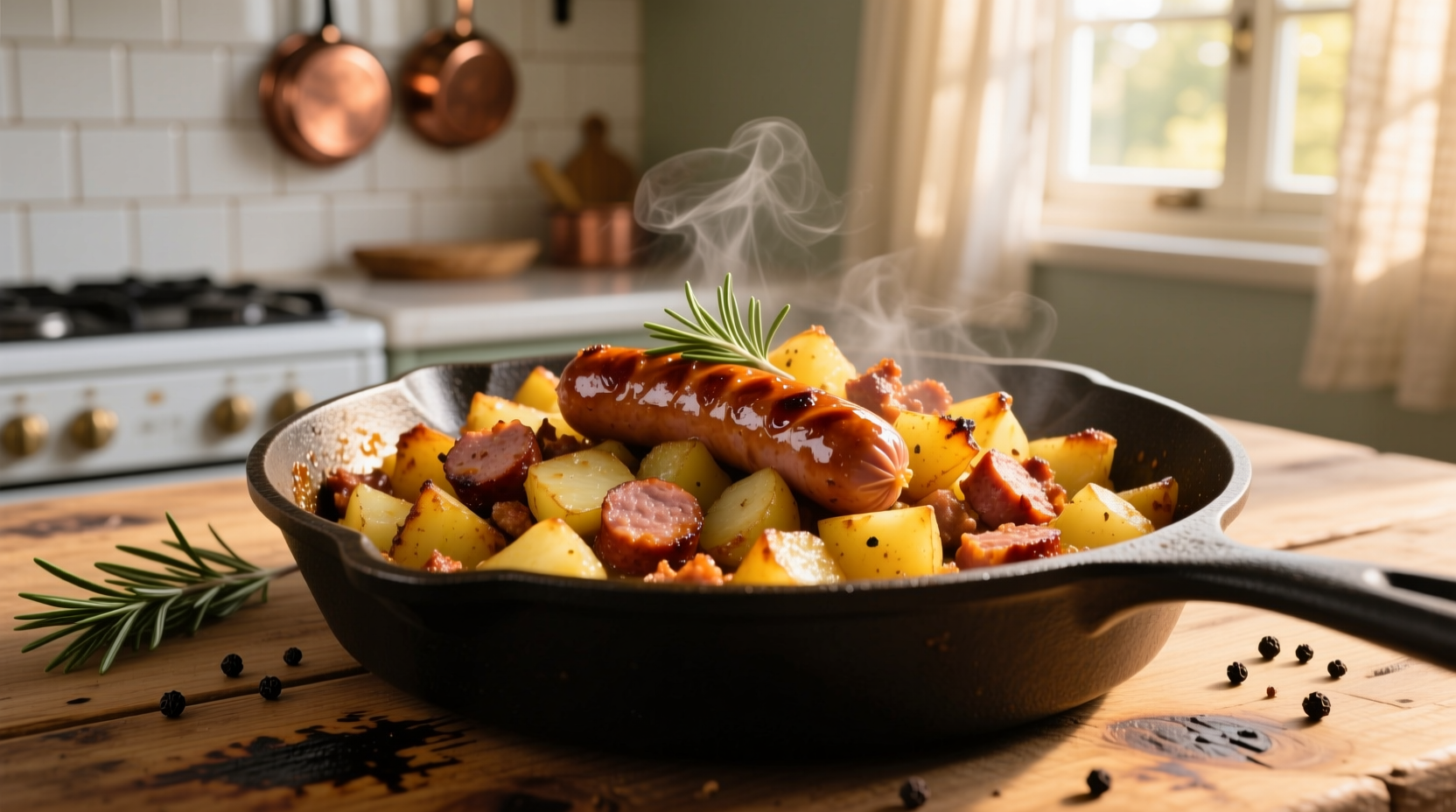 Golden brown sausage potato hash in cast iron skillet