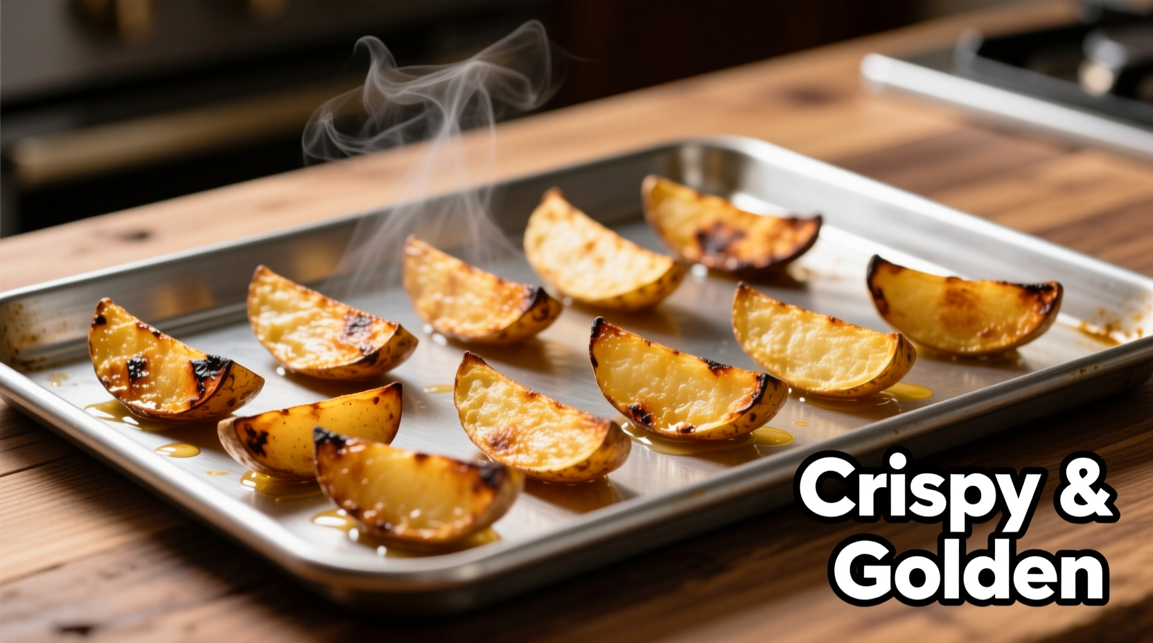 Golden brown potato wedges on baking sheet