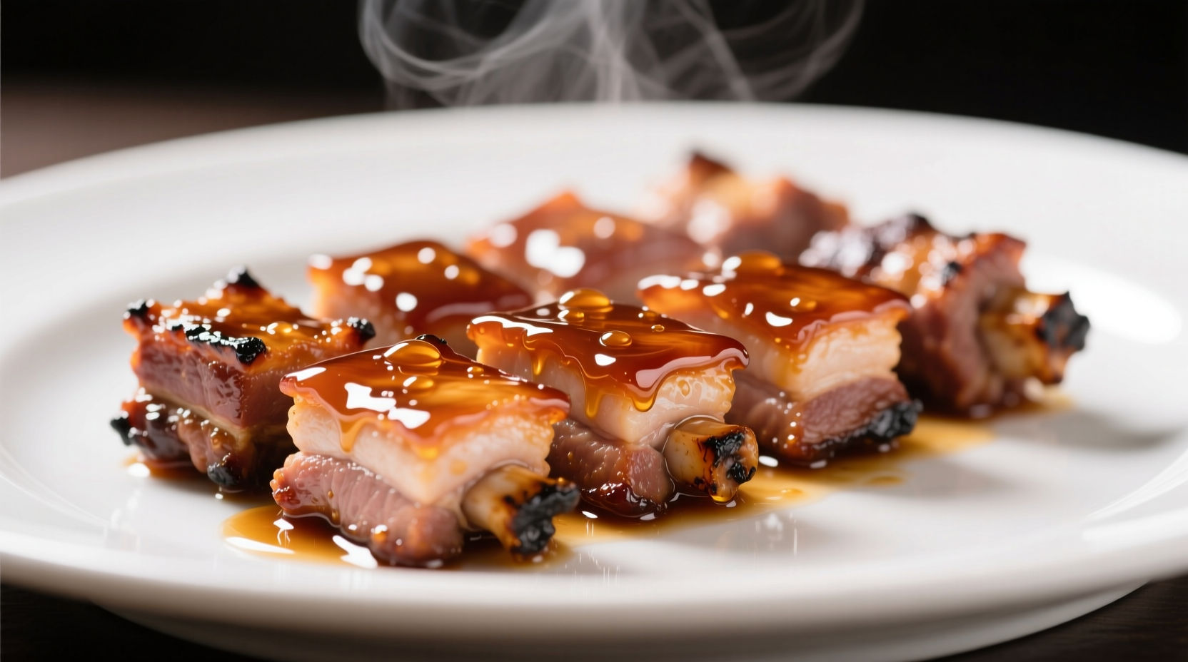 Perfectly glazed honey garlic pork pieces on white plate